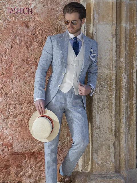 Summer fashion groom suit in blue fine-striped cotton on a white background