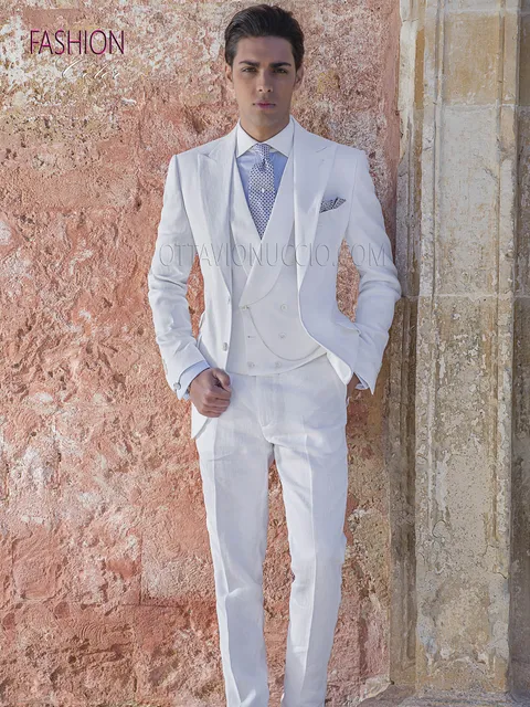Fashion groom suit in white linen for summer ceremonies