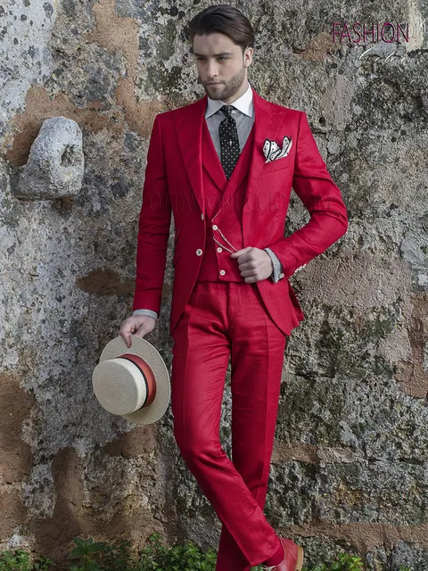 Fashion groom suit for summer weddings in pure red linen