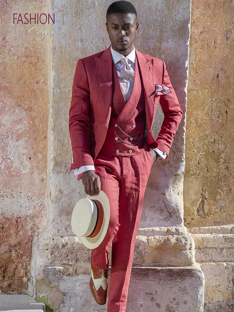 Men's suit for summer ceremonies in pure red linen