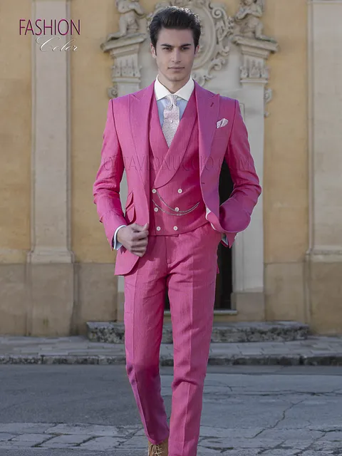 Men's summer formal suit in pure fuchsia linen