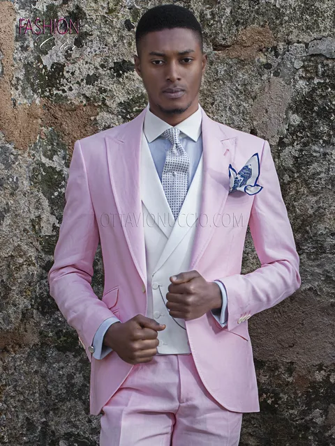 Summer wedding groom suit in pure pink linen
