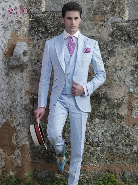 Vintage summer fashion groom suit in pure light blue linen
