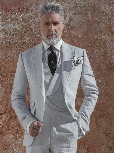 Vintage summer fashion groom suit in pure pearl grey linen