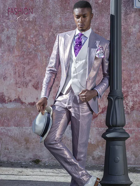 Vintage suit in iridescent purple laminated linen, men's groom fashion