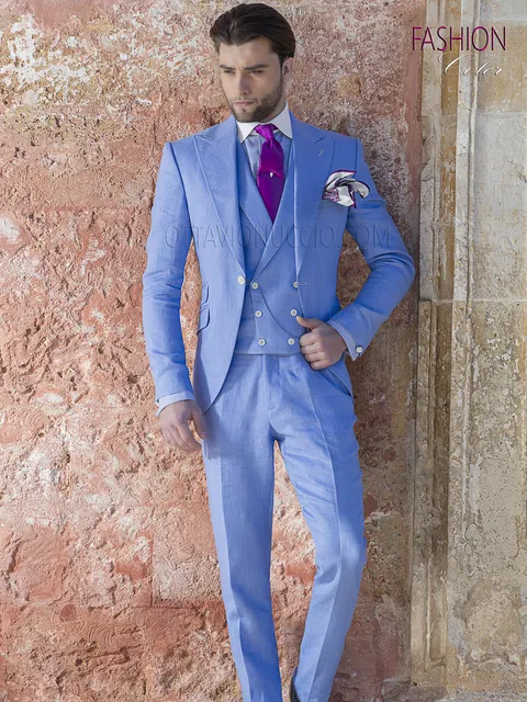 Men's fashion formal suit in light blue pure linen