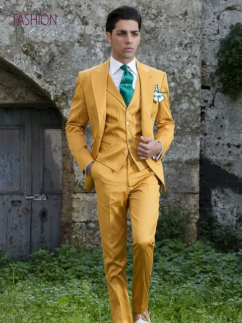 Summer wedding suit in golden yellow luxury cotton satin