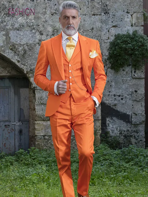 Suit in orange luxury cotton satin for summer groom fashion