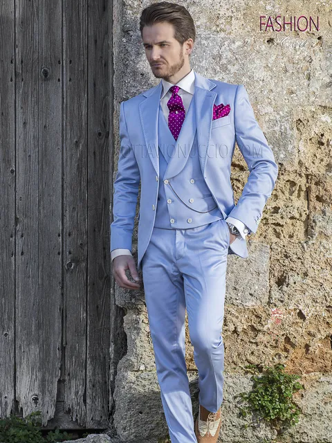 Suit in light blue luxury cotton satin for men's fashion groom style