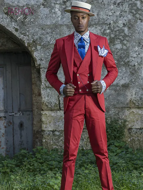 Formal italian suit outfit for groom in red cotton fabric