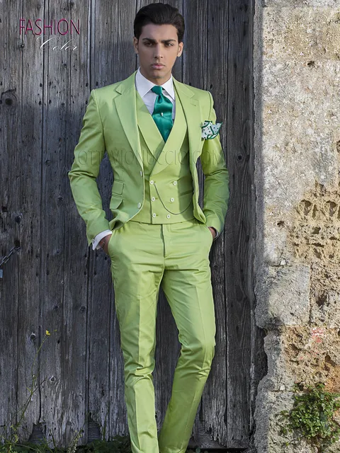 Men's vintage formal suit, fashion groom style in green pure cotton