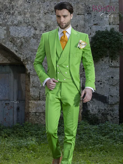 Men's hipster wedding suit, fashion groom in green pure cotton