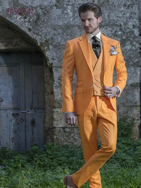 Men's hipster wedding suit, fashion groom in orange pure cotton