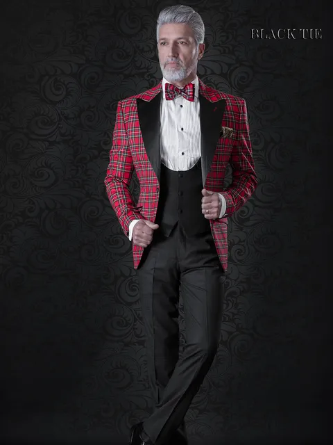 Red tartan italian tuxedo jacket with black trousers