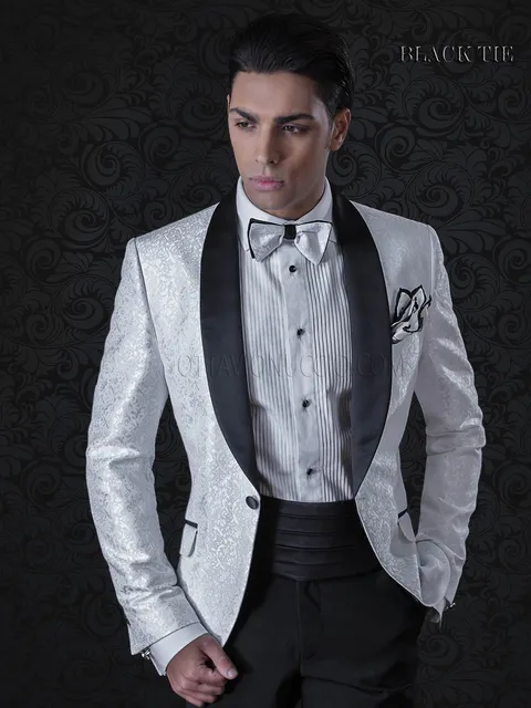 Smoking uomo damascato bianco, pantalone nero