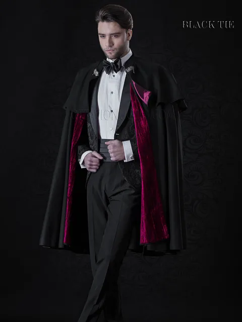 Black damask tuxedo, shawl lapel in groom fashion