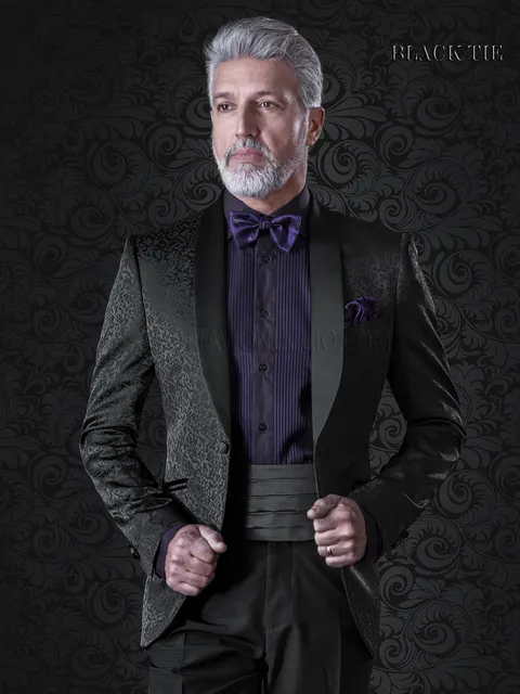 Giacca smoking uomo damascato nero e pantalone nero