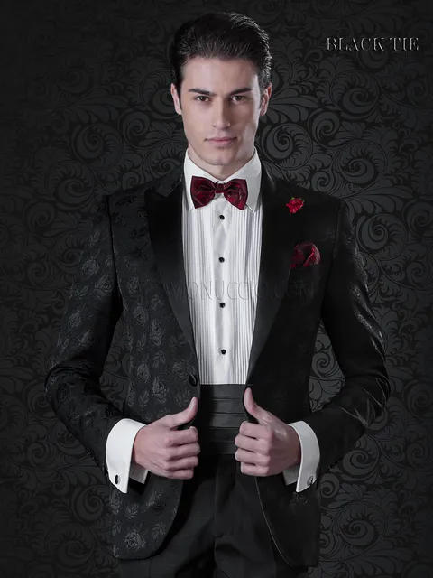 Giacca smoking sposo damascato in lana seta nero