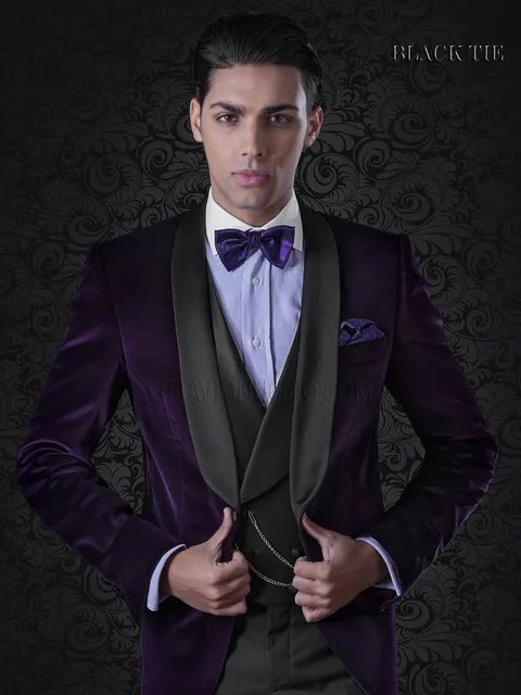 Giacca smoking uomo in velluto viola con pantalone nero