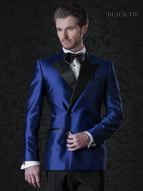 Giacca smoking doppiopetto uomo blu elettrico in shantung