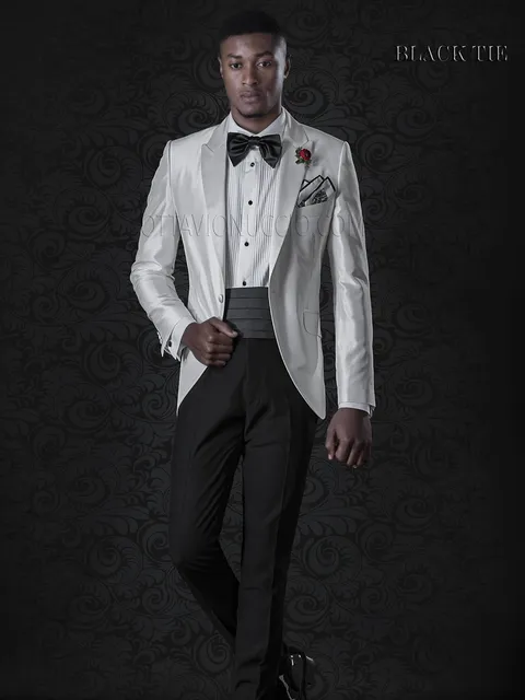 Tuxedo jacket in white shantung and black trousers