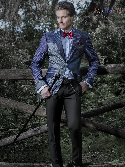 Men's blue silk patchwork formal jacket