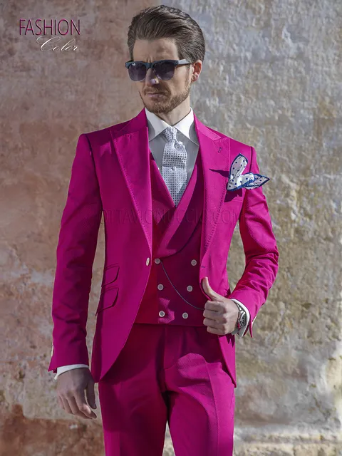 Men's vintage formal suit, fashion groom style in pure fuchsia cotton