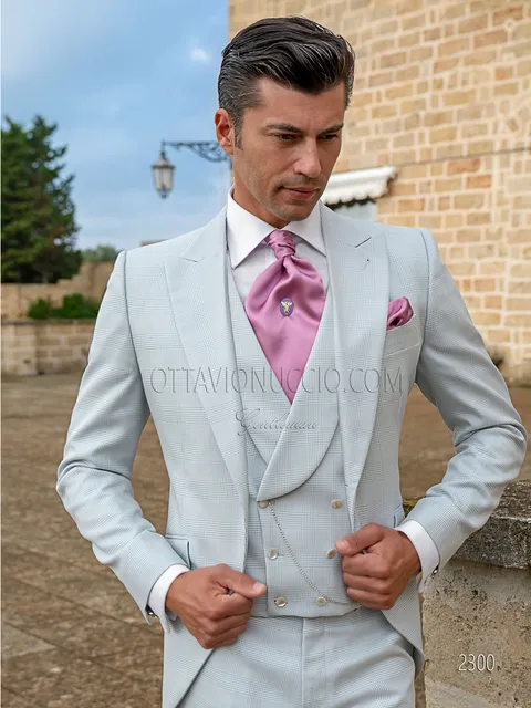 Men's 3-piece pearl grey Prince of Wales check formal suit