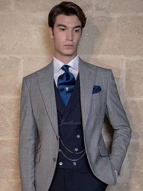 Abito uomo Principe di Galles con gilet e pantalone blu