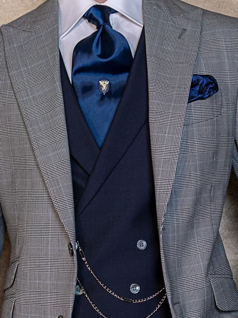 Blue wool blend double breasted waistcoat with lapel