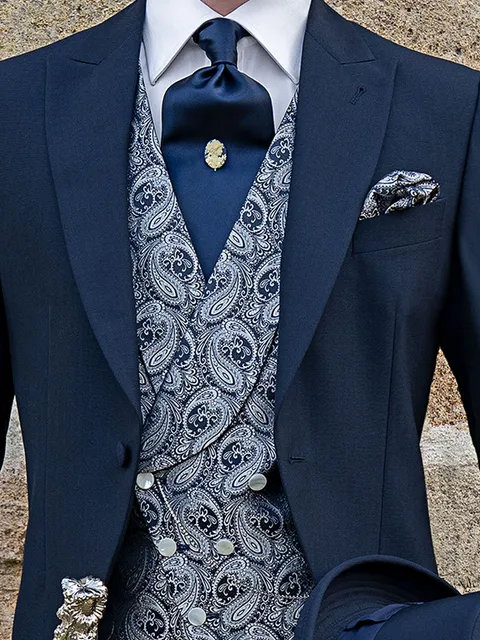 Double-breasted shawl lapel waistcoat in blue and silver paisley silk