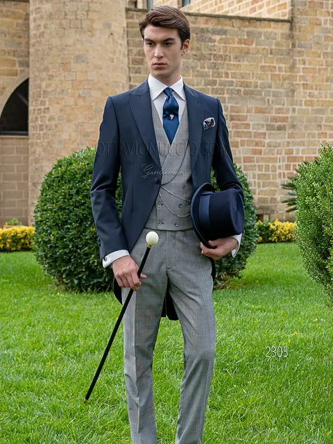 Blue groom morning suit with Prince of Wales check waistcoat and trousers