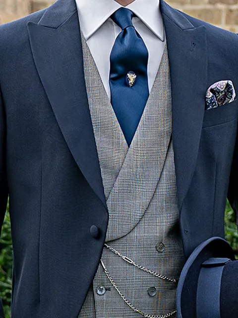 Double-breasted shawl waistcoat in light grey Prince of Wales check