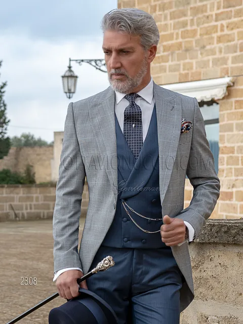 Prince of Wales check morning suit with blue waistcoat and trousers
