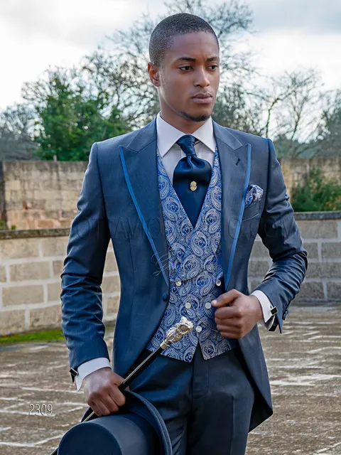 Modern blue groom morning suit, lapel with piping