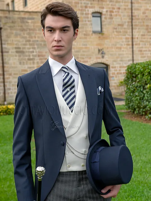 Classic blue groom morning suit with striped trousers