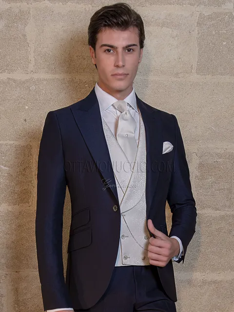 Men's blue formal suit with pearl grey damask waistcoat