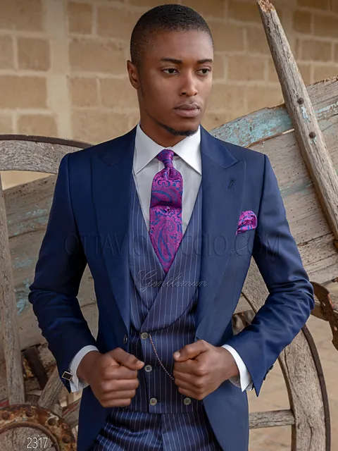 Blue Demi-Tight groom suit, blue pinstripe trousers and waistcoat