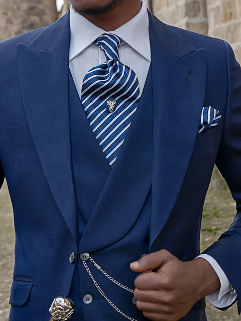 Double-breasted shawl waistcoat in blue wool and viscose
