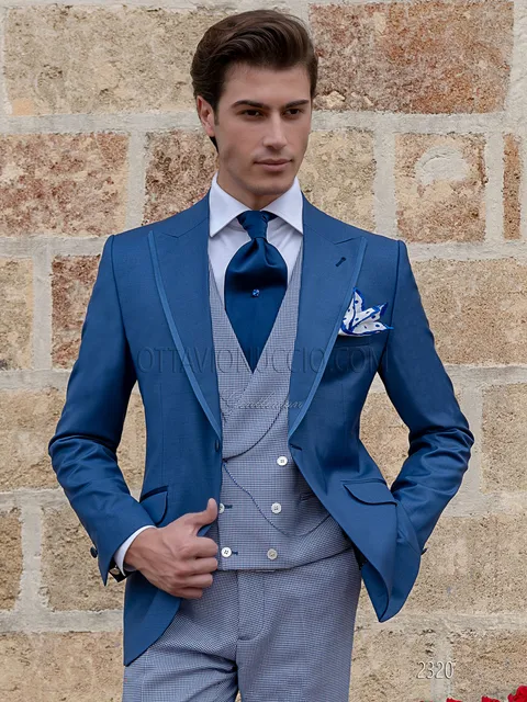 Men's groom suit with royal blue jacket, houndstooth waistcoat and trousers