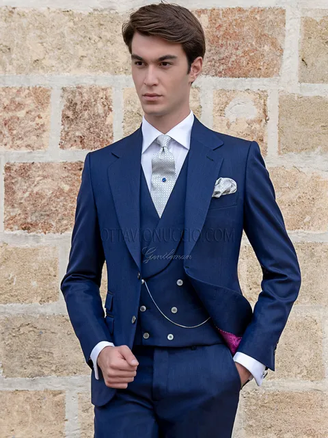 Men's fashion formal suit in blue with double-breasted waistcoat