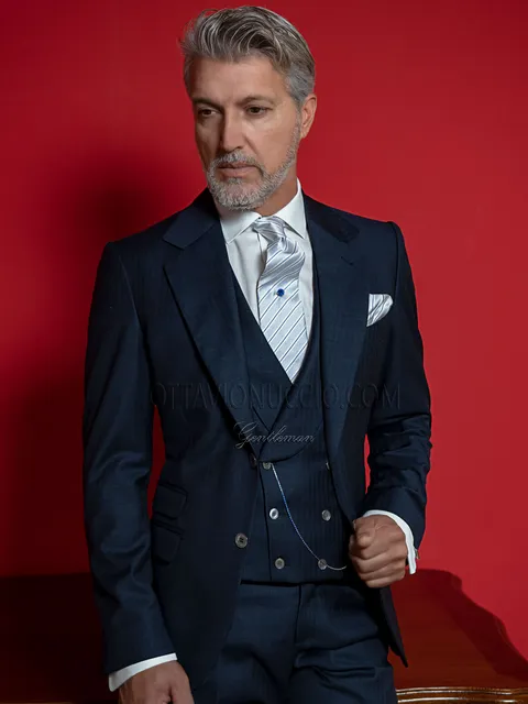 Men's formal suit in blue pure wool with double-breasted waistcoat