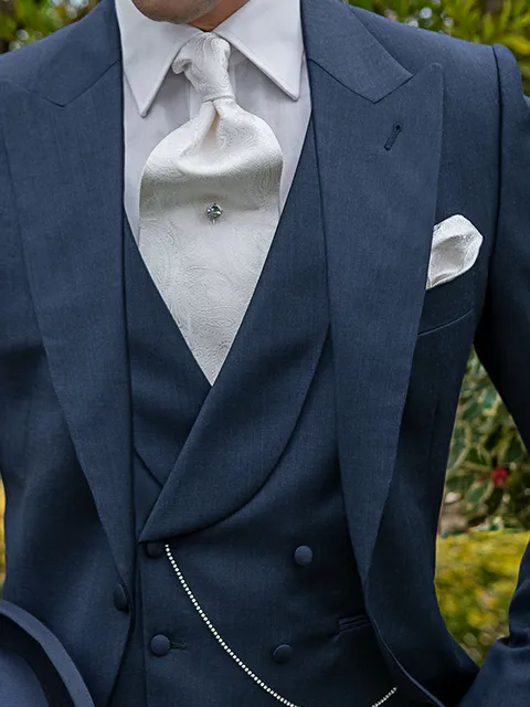 Double-breasted waistcoat in blue pure wool with covered buttons