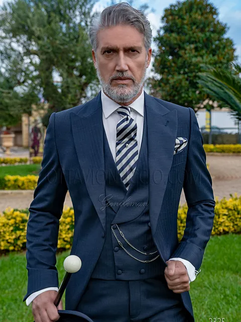 Groom formal morning suit in blue pure wool