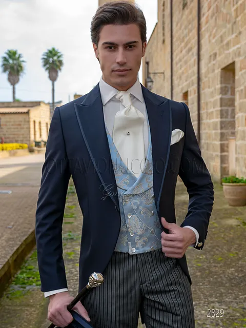 Modern blue groom morning suit, grey striped trousers