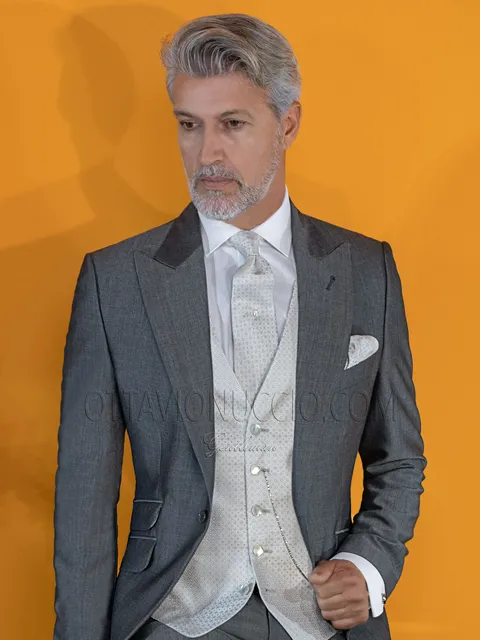 Men's formal suit in grey, pearl grey silk waistcoat