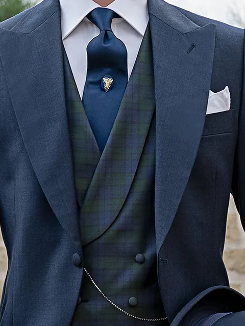 Double-breasted waistcoat with shawl lapel in pure silk blue and green tartan