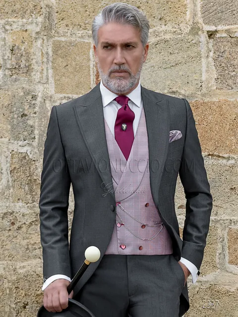 Men's grey wedding morning suit, double-breasted silk waistcoat