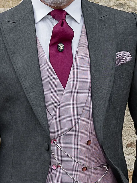 Waistcoat double-breasted shawl lapel pure silk Prince of Wales check purple