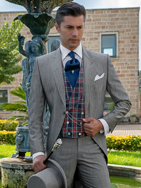 Grey English-style wedding morning suit, silk tartan waistcoat